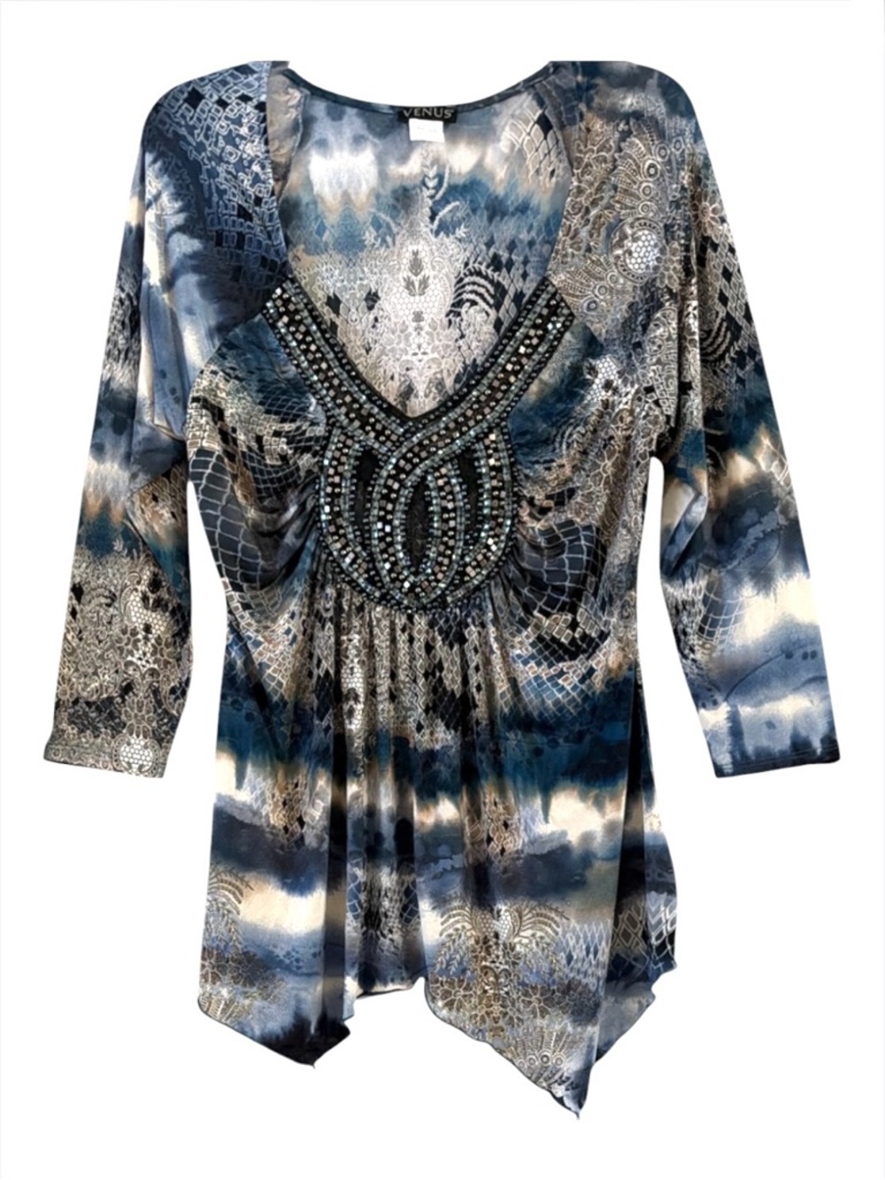 Venus Blue Tie Dye Beaded Rhinestone Studded Neckline 3/4 Sleeve Top Size L